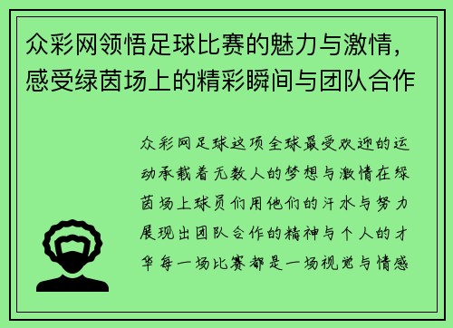 众彩网领悟足球比赛的魅力与激情，感受绿茵场上的精彩瞬间与团队合作精神