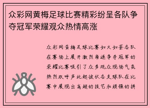 众彩网黄梅足球比赛精彩纷呈各队争夺冠军荣耀观众热情高涨